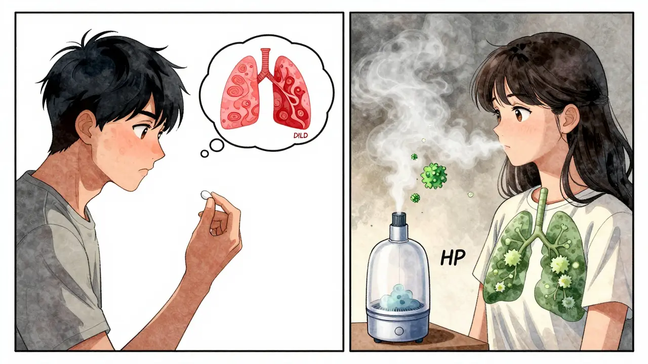 Side-by-side comparison of lung damage from a pill (DILD) versus inhaled mold (HP) with visual spore trails.