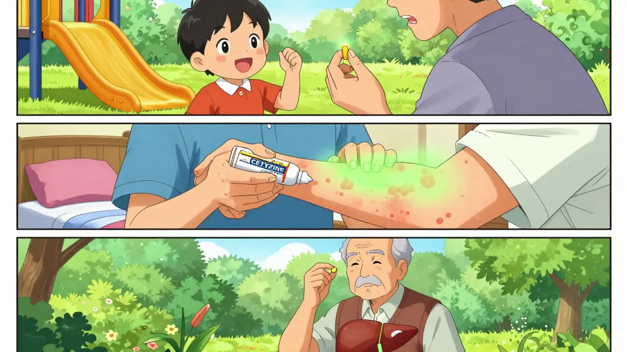 Three panels: child taking Claritin, hives fading with Zyrtec, senior gardening with Allegra.