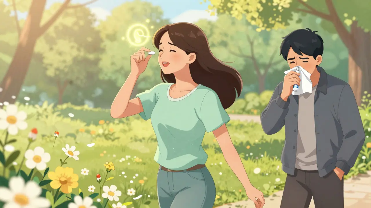 Woman taking allergy medication before pollen exposure in park, contrast with cold sufferer using nasal spray.