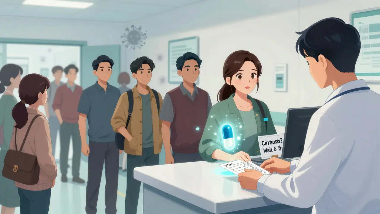 A clinic scene where only one patient gets treatment while others are denied due to bureaucratic barriers.