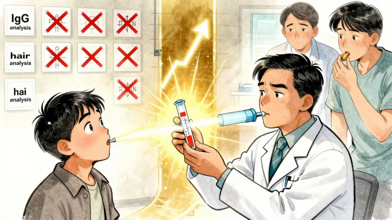 A doctor administering a hydrogen breath test while discarded unreliable tests are crossed out, with a golden path leading to a safe food challenge.