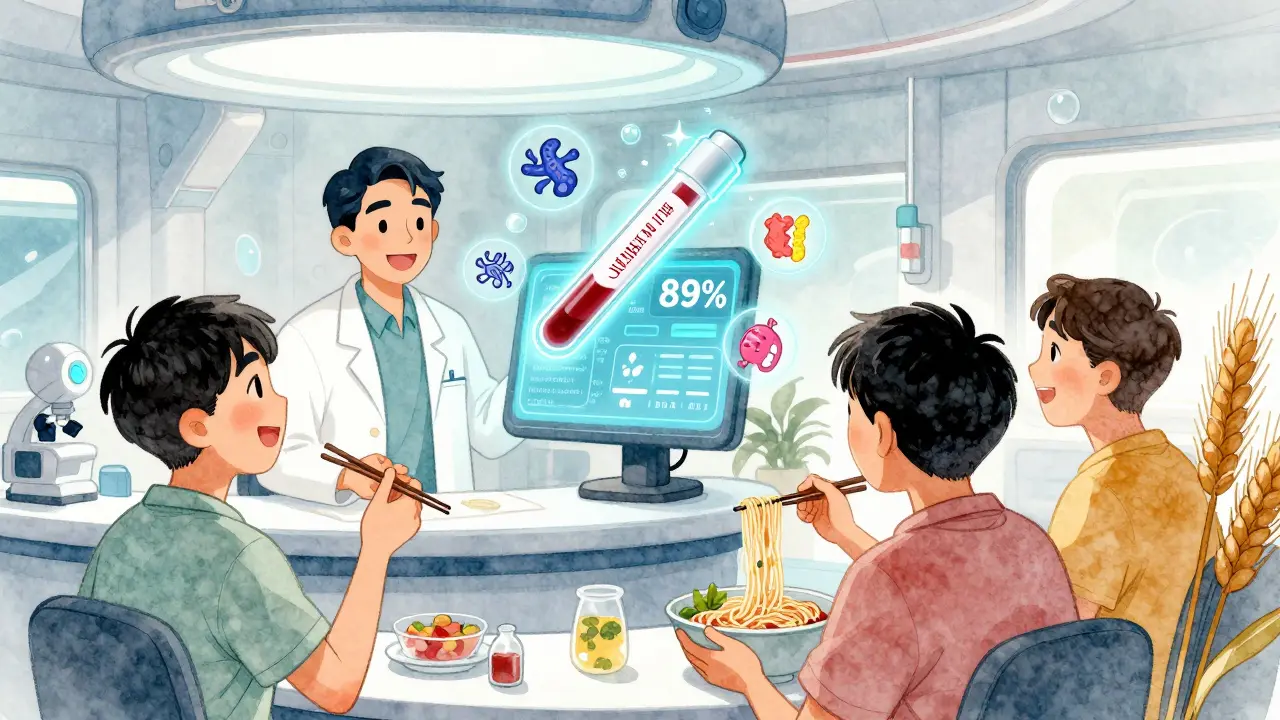 A futuristic clinic where a blood test reveals gut health patterns, guiding personalized dietary choices for gluten sensitivity and IBS.