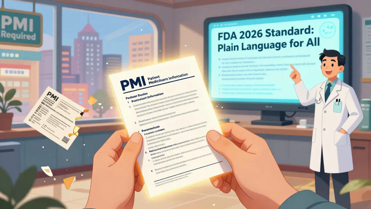 A glowing one-page PMI leaflet replaces crumbling drug documents in a futuristic pharmacy scene with a hopeful atmosphere.