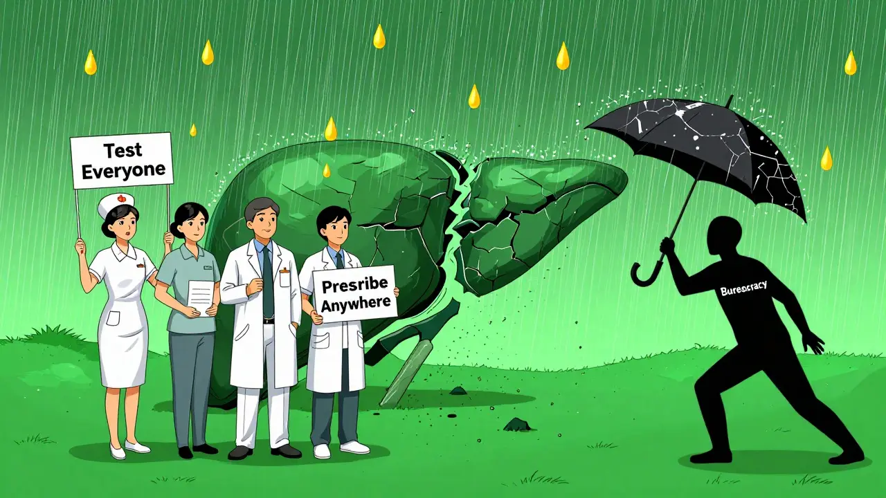 A healthy liver restored by golden DAA raindrops, while healthcare workers fight bureaucracy to ensure access.