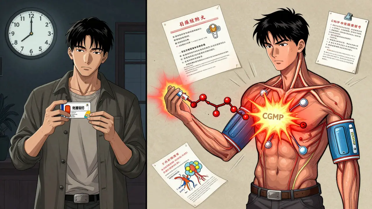 A man takes Cialis at night; 17.5 hours later, he uses nitroglycerin as cGMP molecules explode in a chain reaction.