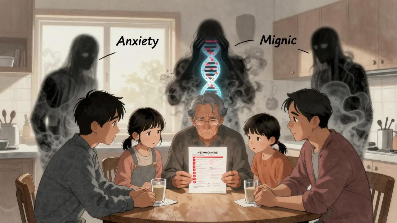 A patient holds a blood test showing high metanephrines as shadowy misdiagnoses fade away, replaced by a glowing DNA helix with mutation markers.
