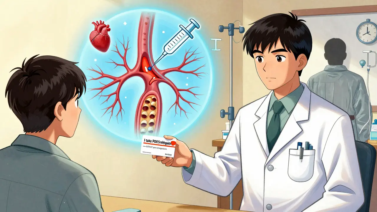 A pharmacist gives a warning wallet card while a schematic of dilated blood vessels glows behind them.