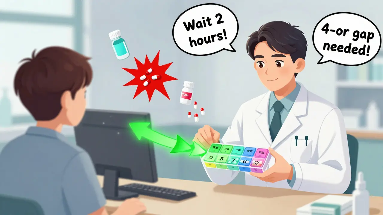 A pharmacist shows a color-coded pill organizer with glowing green timing arrows and warning symbols for drug interactions.