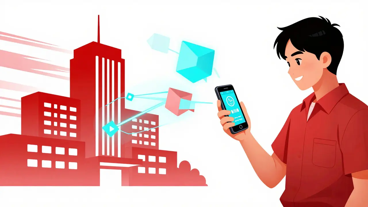 Abstract connection lines linking hospital to mobile device in comic style.