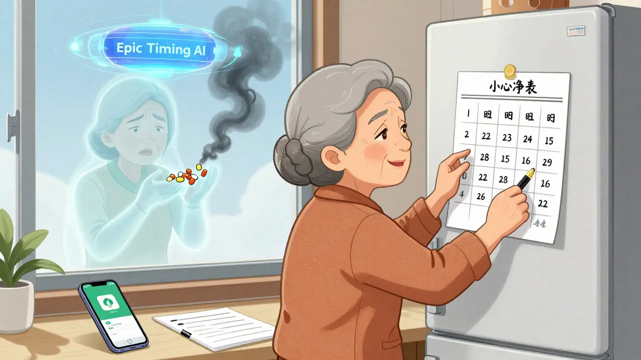 An elderly woman smiles at a timed medication schedule on her fridge, while a ghostly version of herself is surrounded by dark smoke.