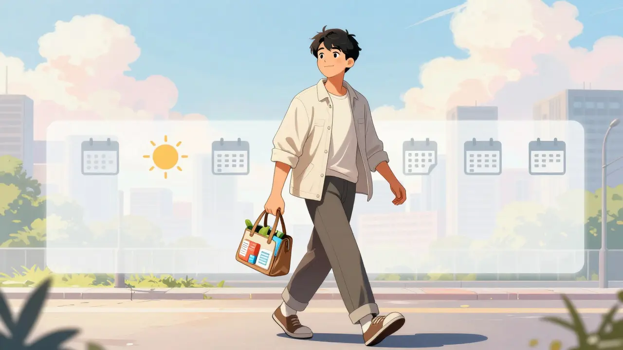 Confident person walking with health bag and fading routine symbols behind.