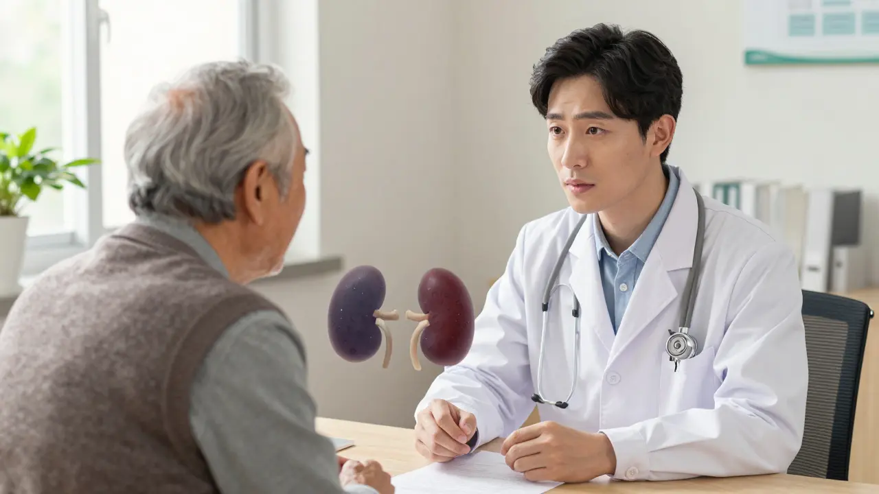 Doctor speaking to patient with shadowy kidney warnings in background