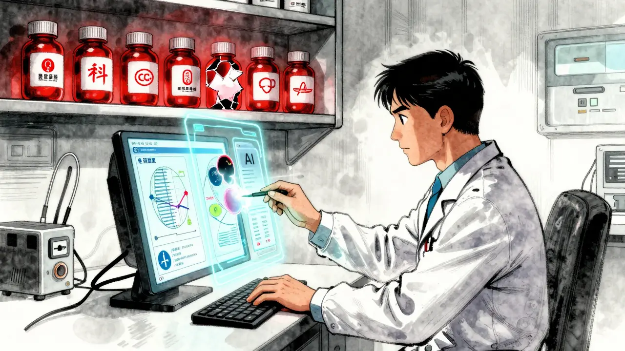 Doctor using hologram to show genetic data and AI dose calculation, with generic lithium bottles glowing red.