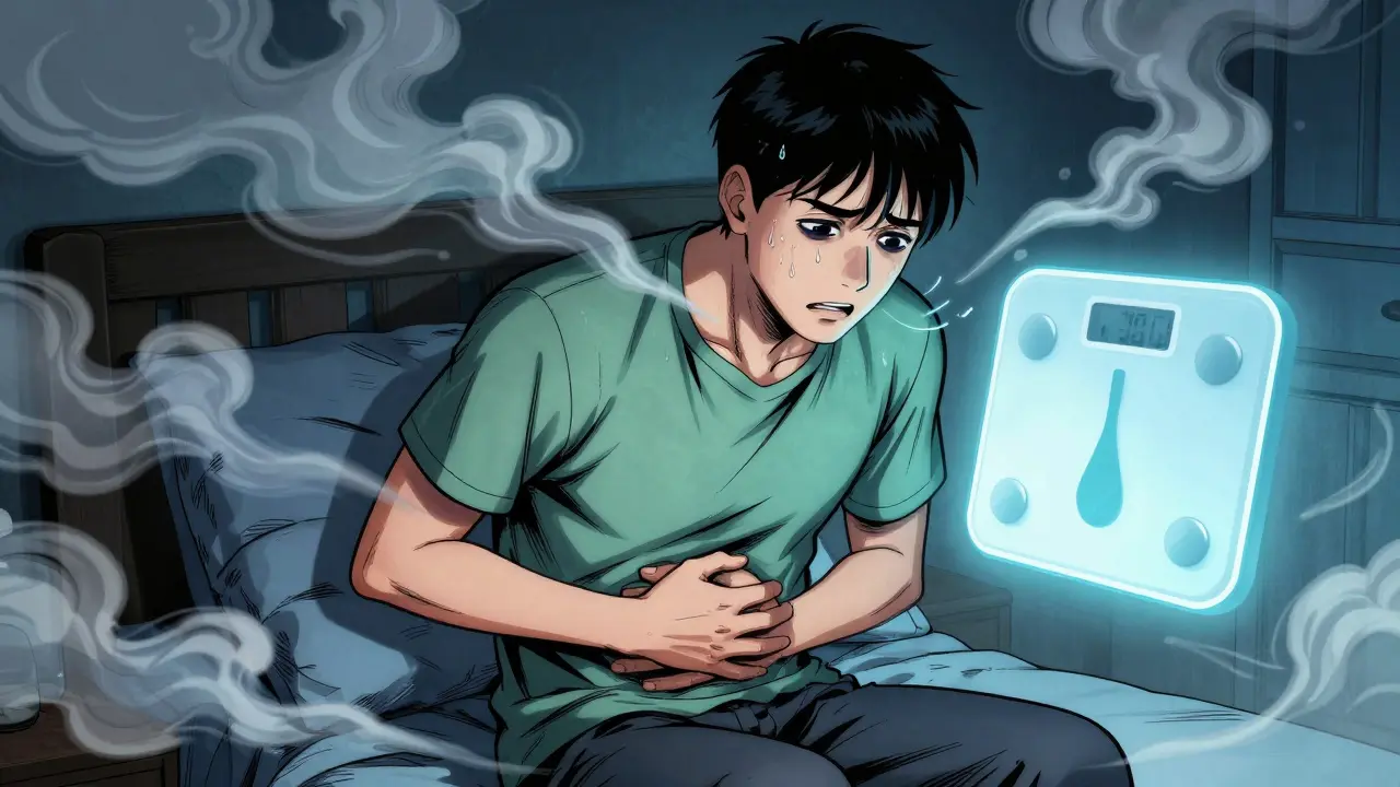 Sick cartoon figure feeling nausea next to stable blood sugar icon