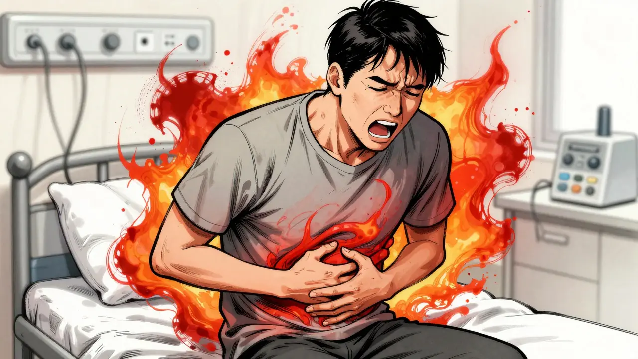 Sick patient breathing heavily with abstract stress visuals