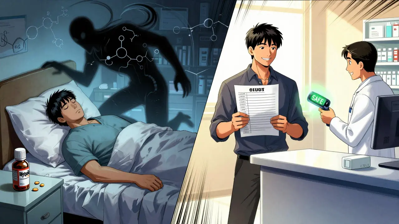 Split scene: man at risk from hidden drug dangers vs. safe management with pharmacist and checklist.