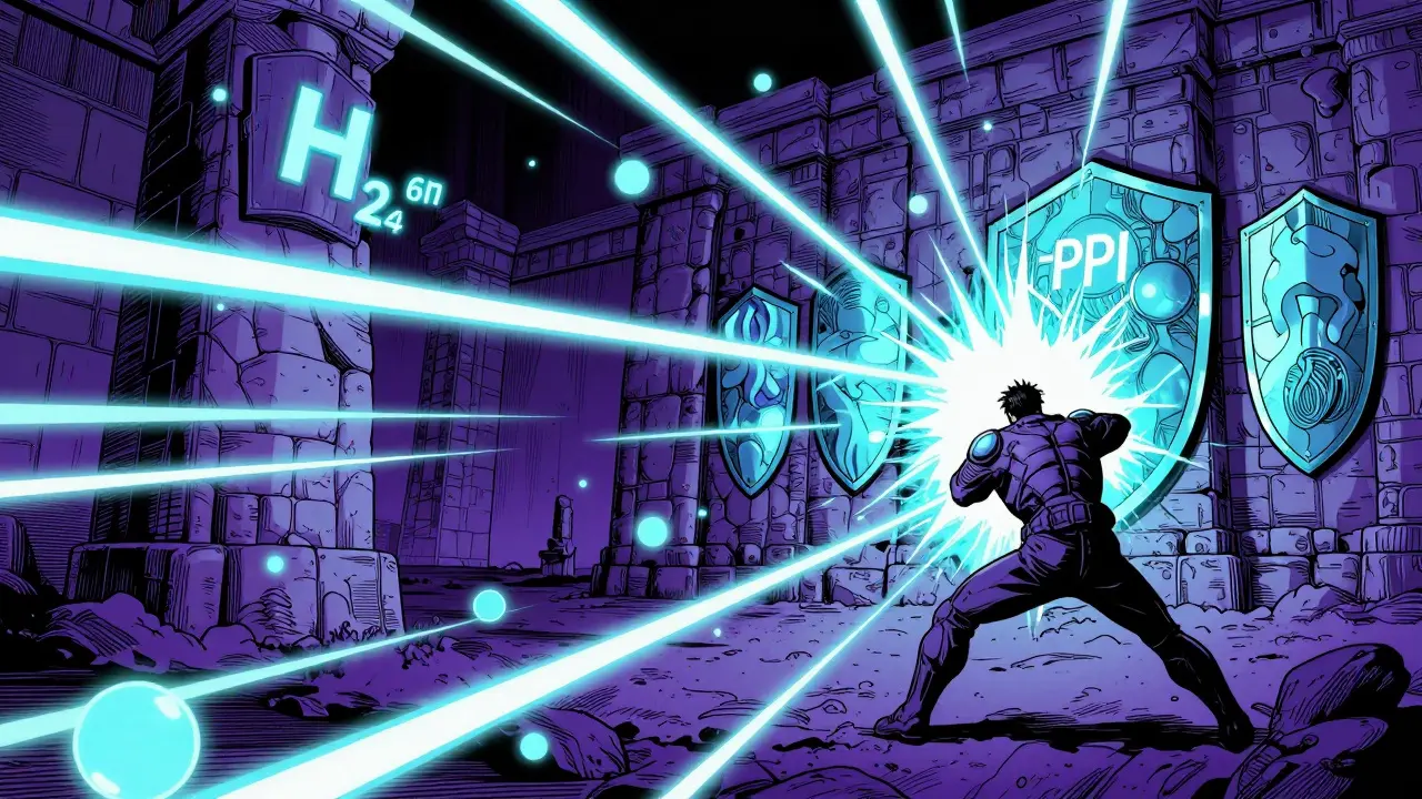 Stylized art showing energy particles clashing with stone defense shields