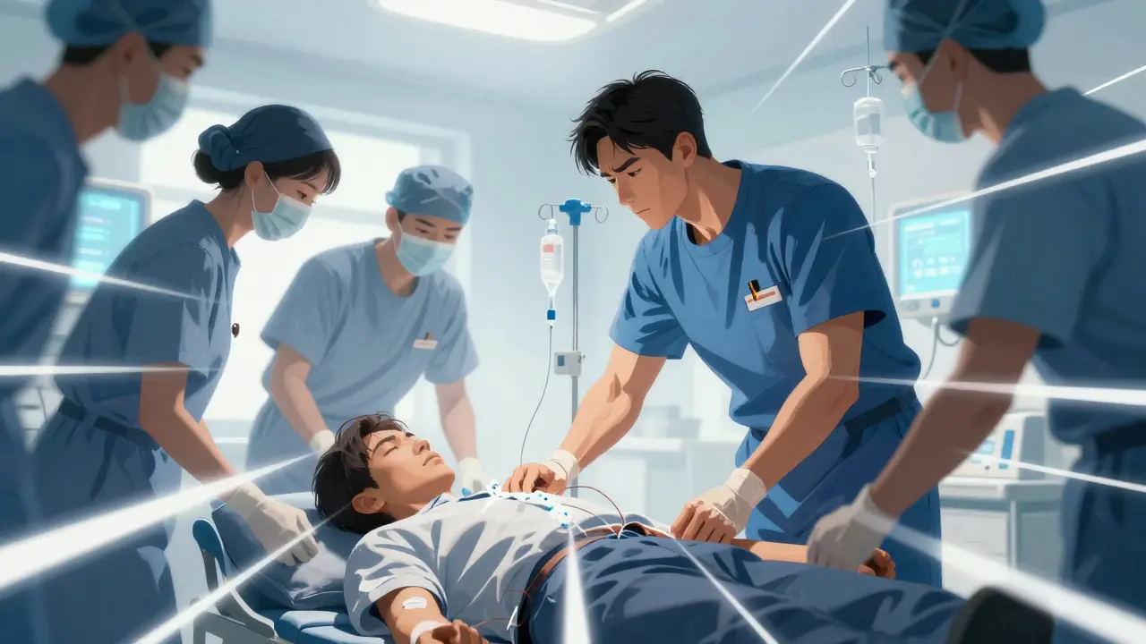 Stylized hospital scene with doctors giving emergency IV treatment