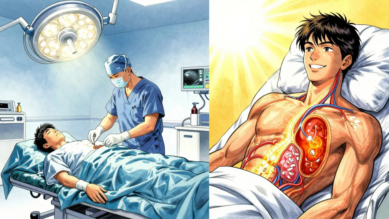 Surgeons perform laparoscopic surgery to remove a glowing adrenal tumor, while the same patient later smiles in sunlight, free of medication.