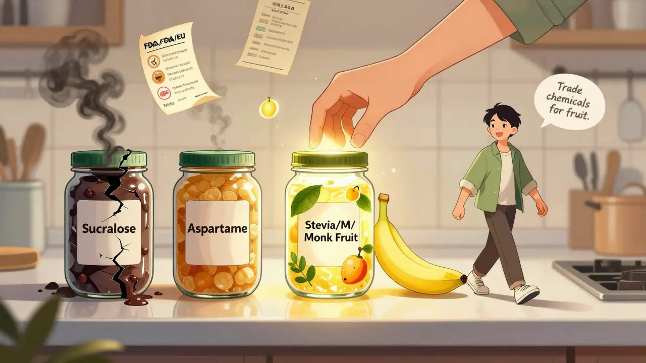 Three sweetener jars: two leaking dark smoke, one glowing warmly with fruit — banana placed beside it as path to happiness.