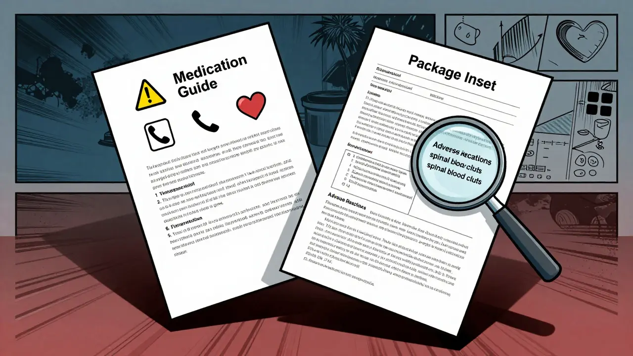 Two documents side by side: a simple guide with icons and a complex insert filled with medical text, viewed under a magnifying glass.