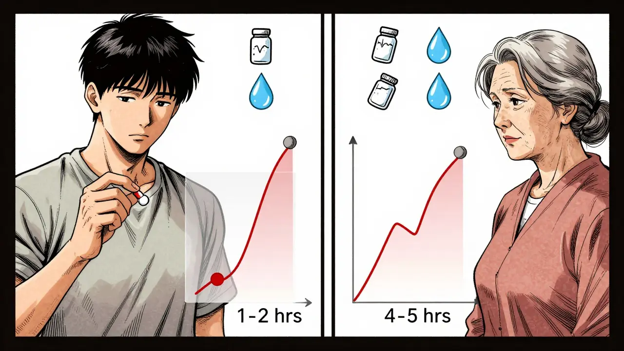 Two people taking different lithium formulations, with blood concentration curves shown above them.