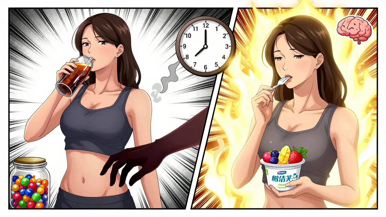 Woman drinking diet soda with shadowy cravings vs. eating fruit yogurt with calm, golden aura and reset clock.
