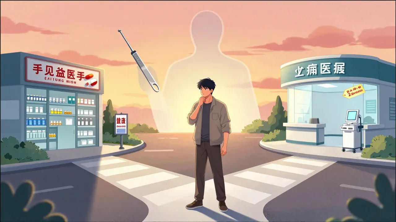 A person choosing between affordable pills, expensive GLP-1 drugs, and surgery in manhua style.