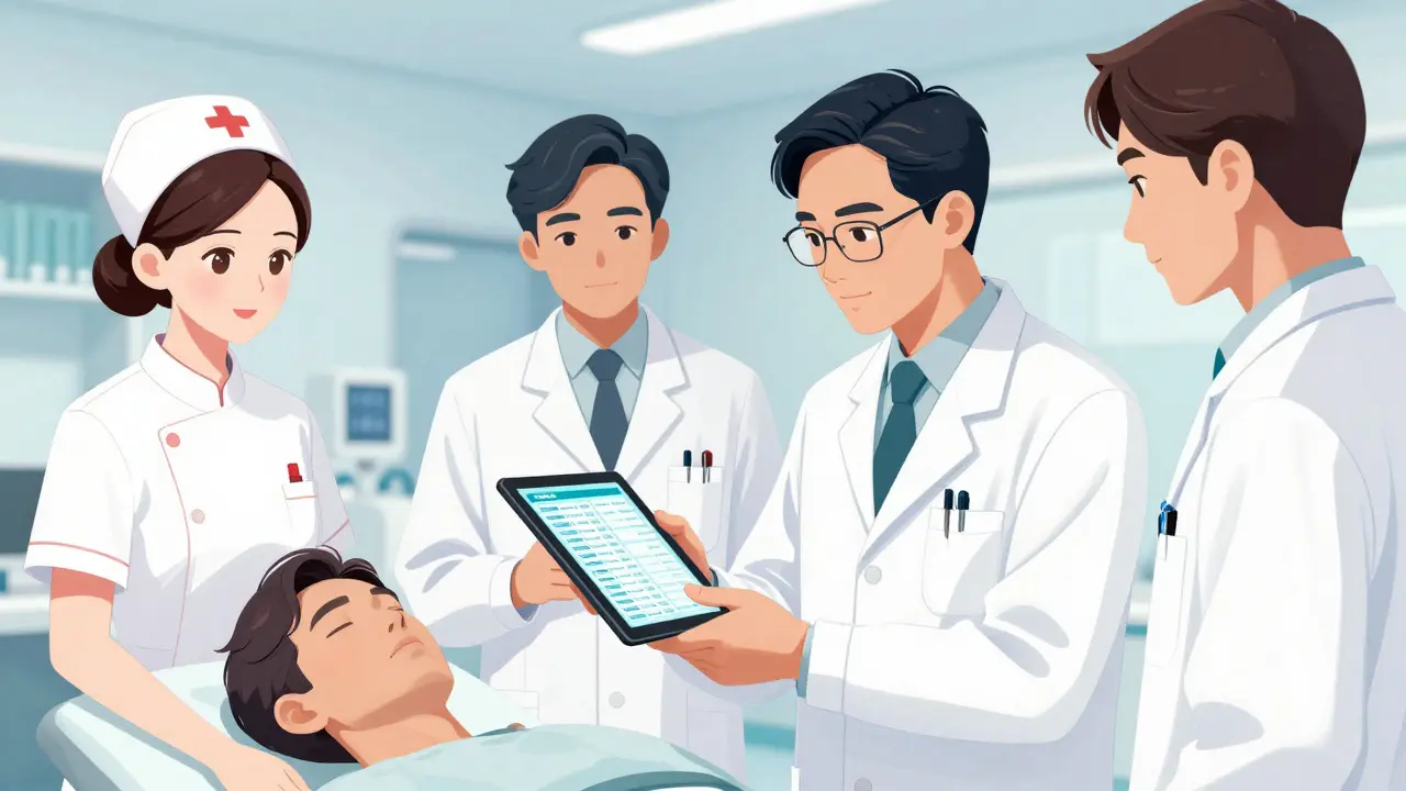 A pharmacist, physician, and nurse collaborating to review medication therapy for a patient.