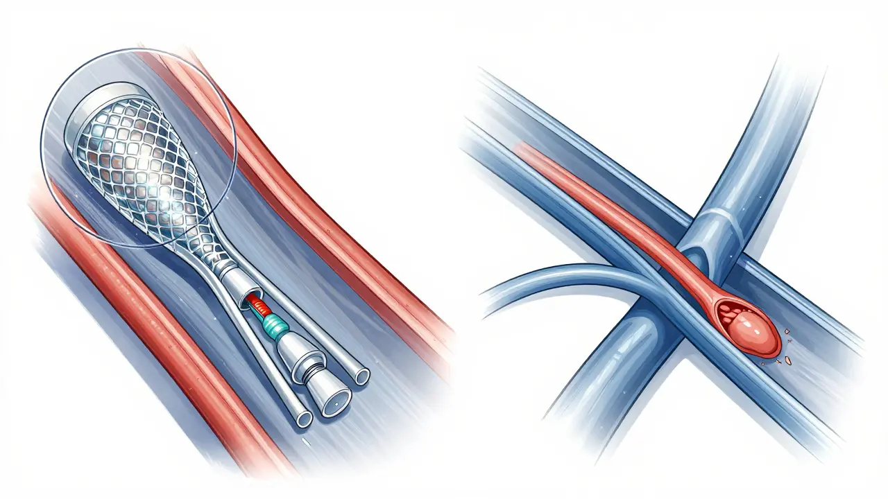Comparison of a heart stent and a bypass graft procedure in a stylized medical illustration