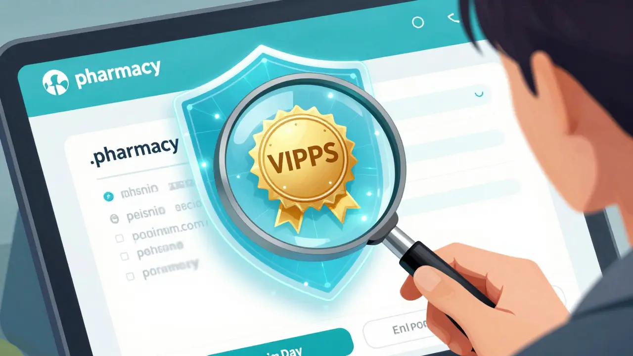 Detailed manhua illustration of a .pharmacy domain and verification seal with a blue digital shield