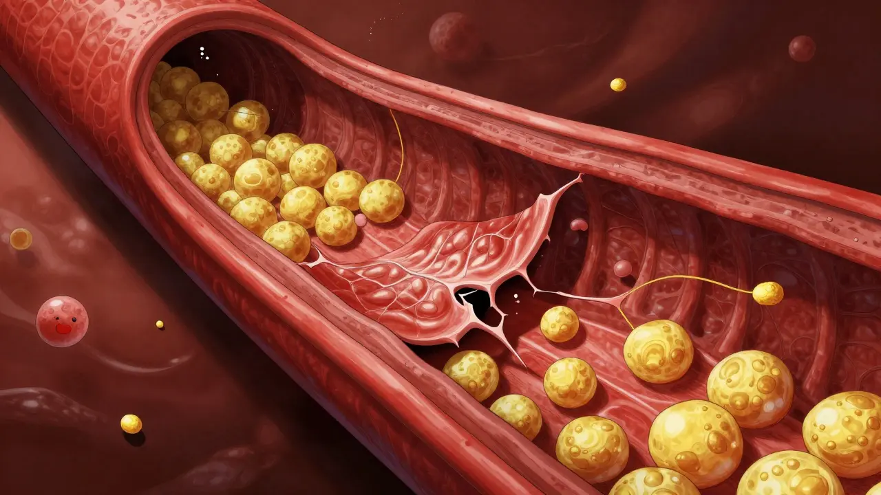 Detailed view of an unstable arterial plaque and cholesterol particles inside a blood vessel