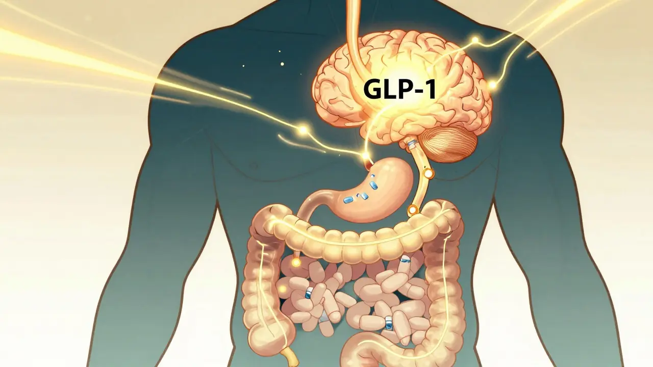 Diagram of GLP-1 agonists signaling fullness between the gut and brain in manhua style.