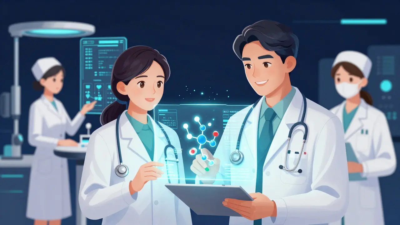 Healthcare providers using AI and holographic data to manage generic prescriptions.