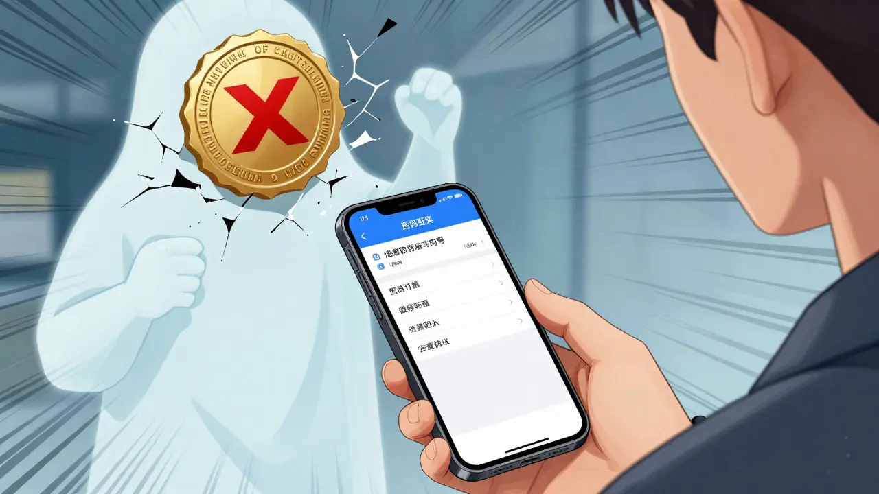 Manhua art of a person verifying a pharmacy license on a smartphone as a fake seal breaks.