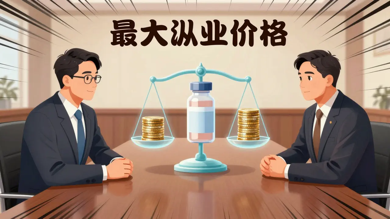 Manhua illustration of a negotiation meeting with a scale balancing drug costs and value.