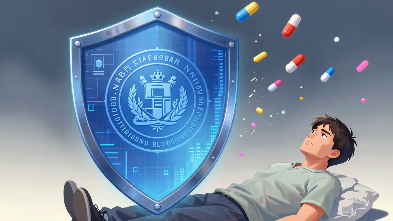 Manhua illustration of a protective digital shield guarding a patient from fake medications.
