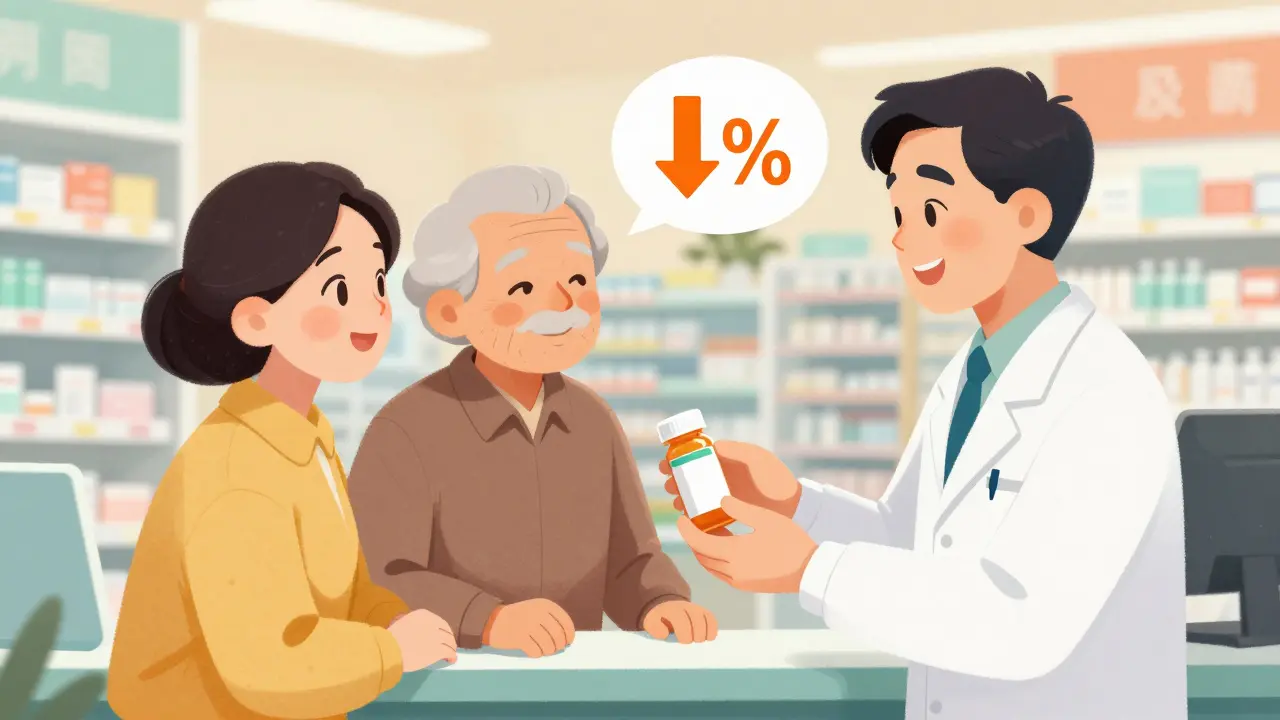 Manhua scene of an elderly couple receiving lower-priced medication at a pharmacy.