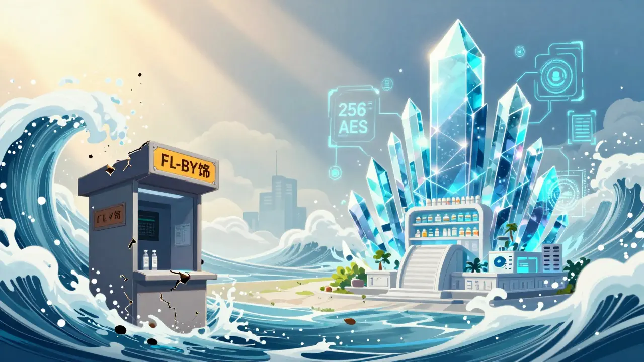 Manhua style image of a secure, futuristic digital pharmacy replacing an insecure one