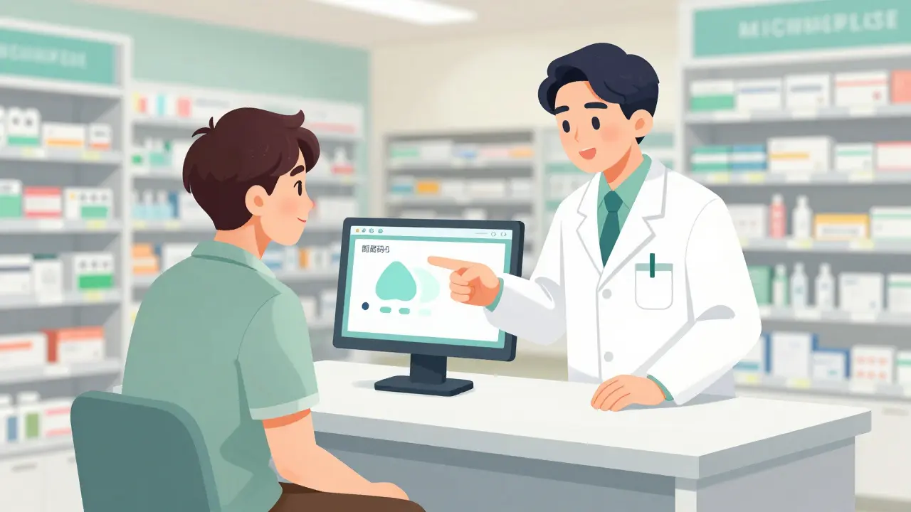 Patient and pharmacist discussing medication options at a pharmacy counter in manhua style.