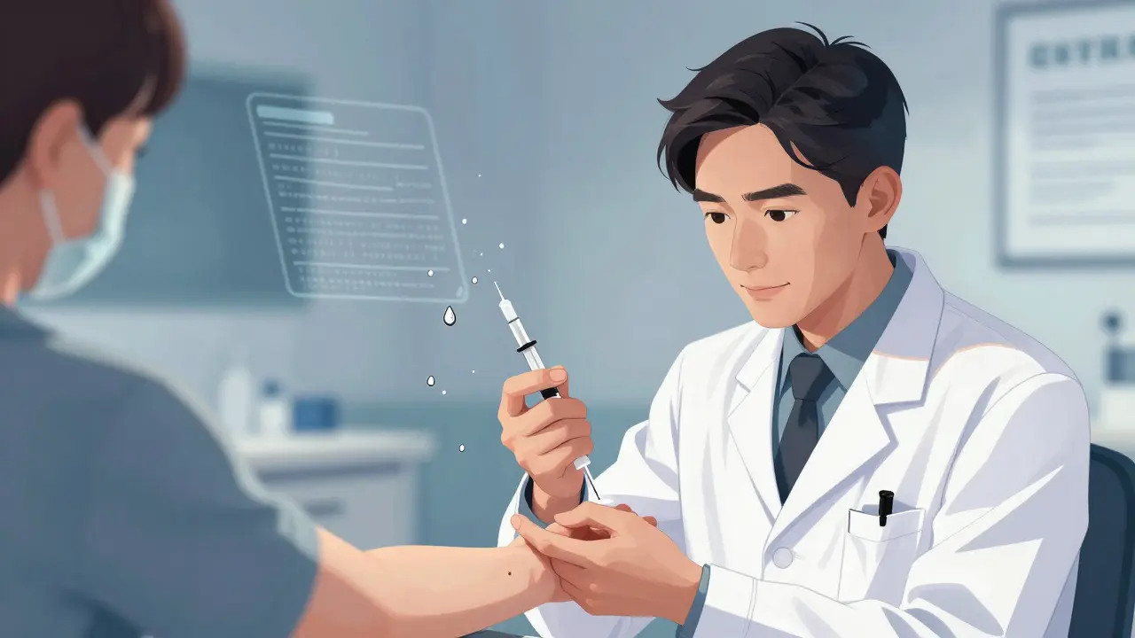 Allergist performing skin test in clinic, manhua style with dramatic lighting and floating charts