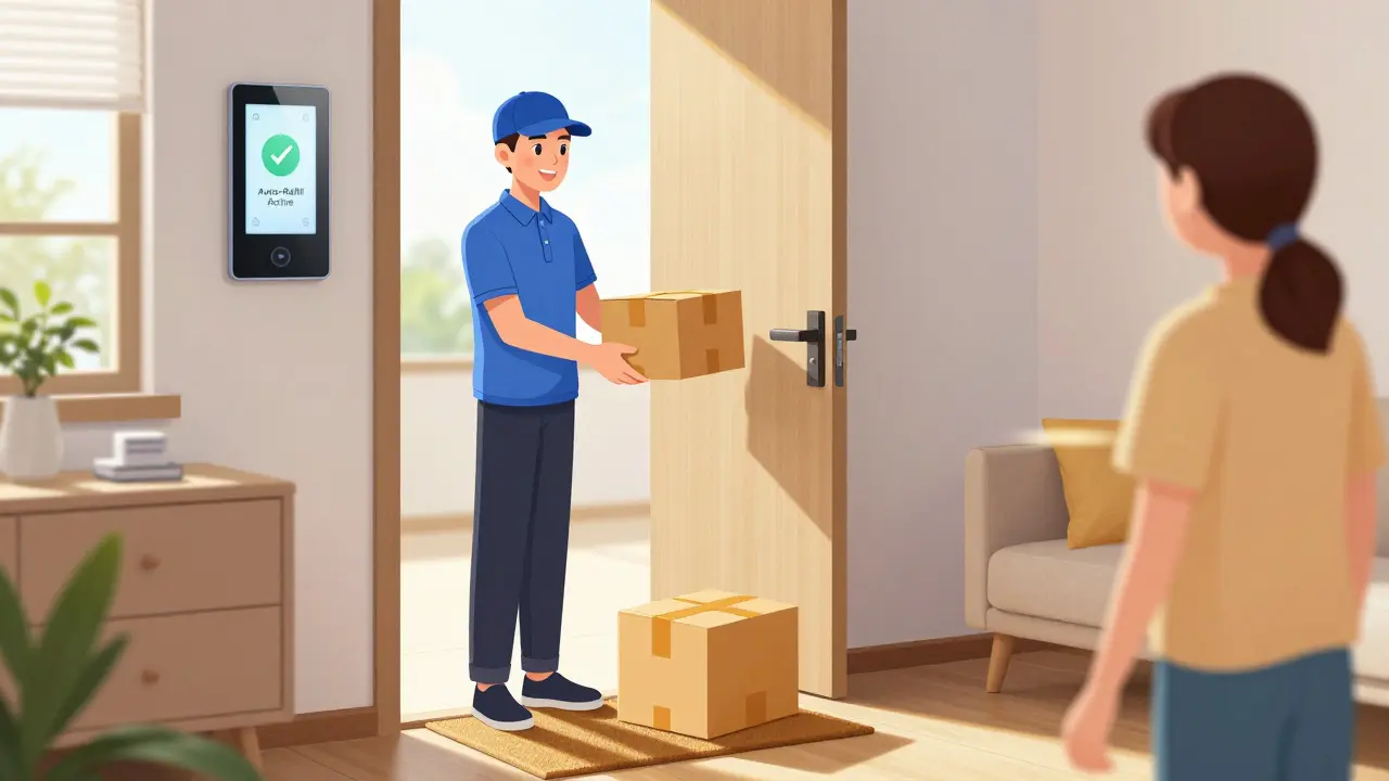 Cartoon image of a customer receiving a prescription delivery package at their front door.