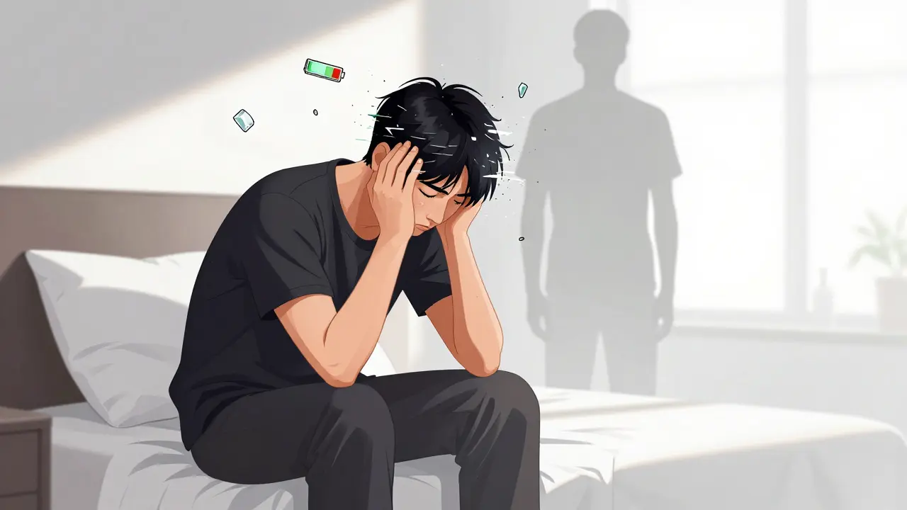Cartoon of tired person waking up with mental fog after drinking alcohol.