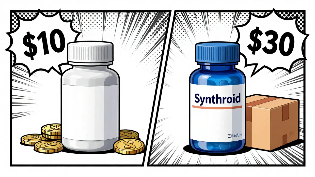 Comic art comparing cheap generic pills with branded Synthroid and shipping options.