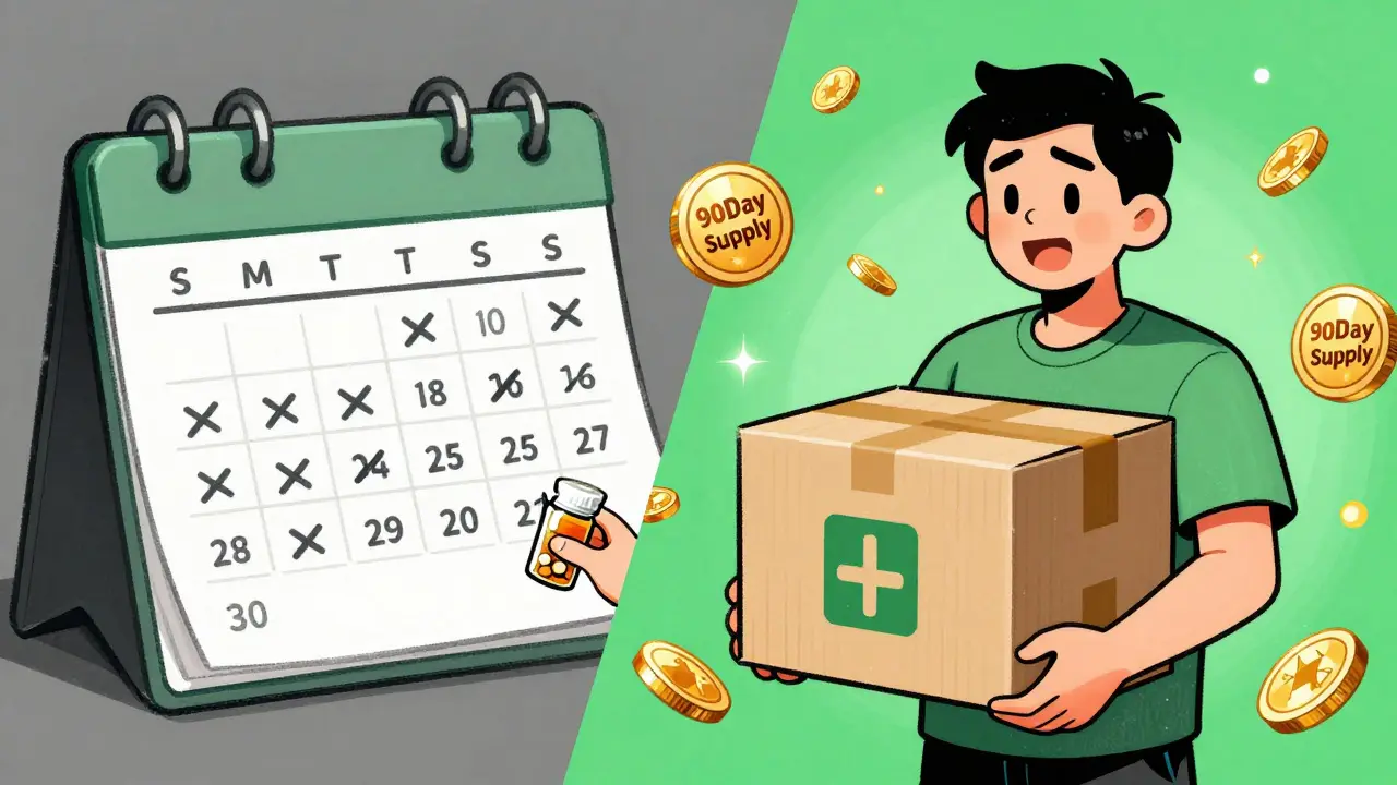 Comic illustration comparing low medication adherence with high savings from 90-day mail-order supplies.