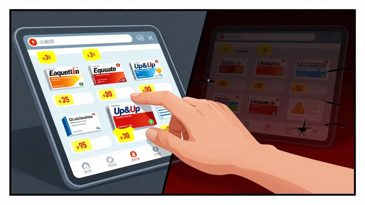Comic illustration showing safe online pharmacy deals versus dangerous scam websites.