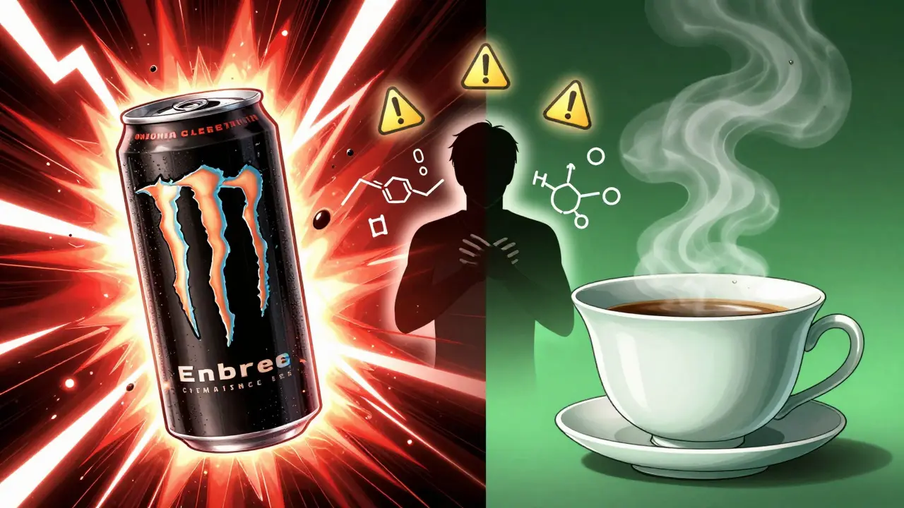 Comic style contrast between dangerous energy drinks and safe tea