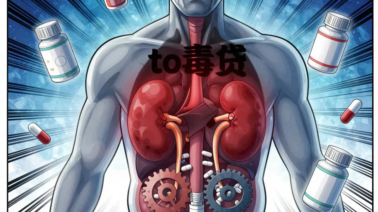 Conceptual art showing slow drug metabolism in aging kidneys