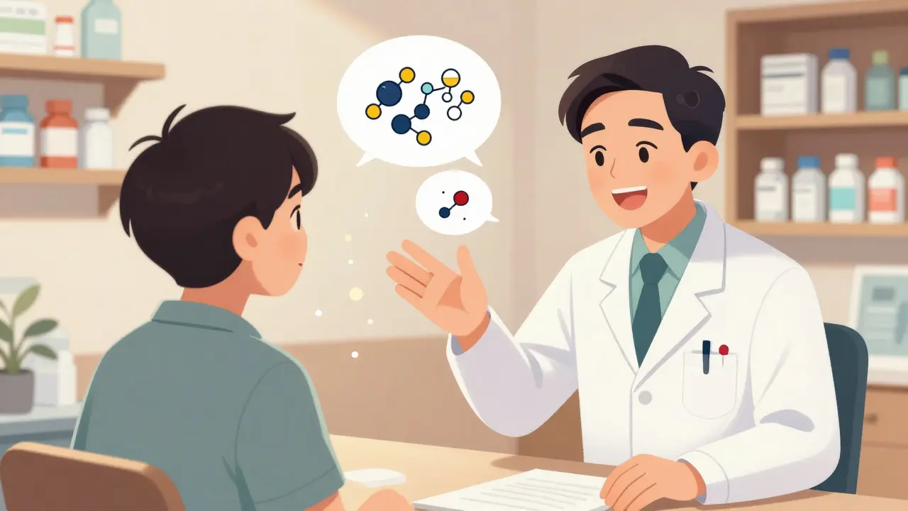 Doctor explaining generic medication science to a relieved patient in manhua style