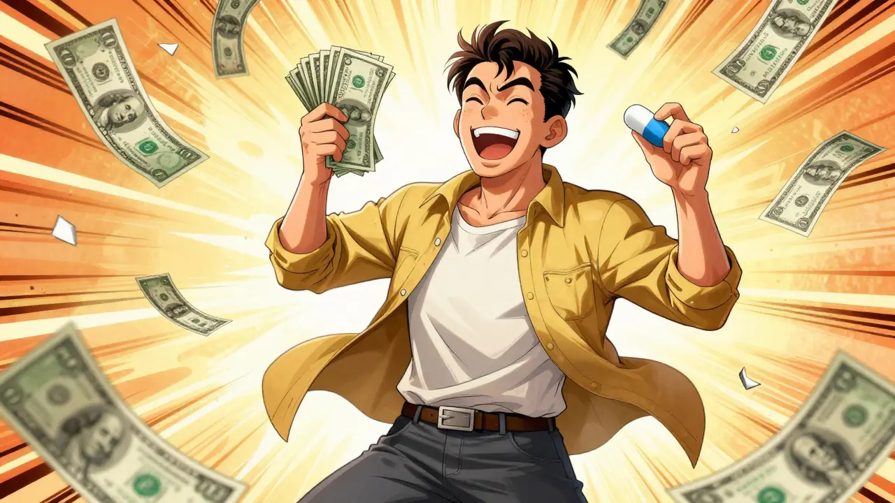 Happy man saving money on generic meds in Chinese manhua style